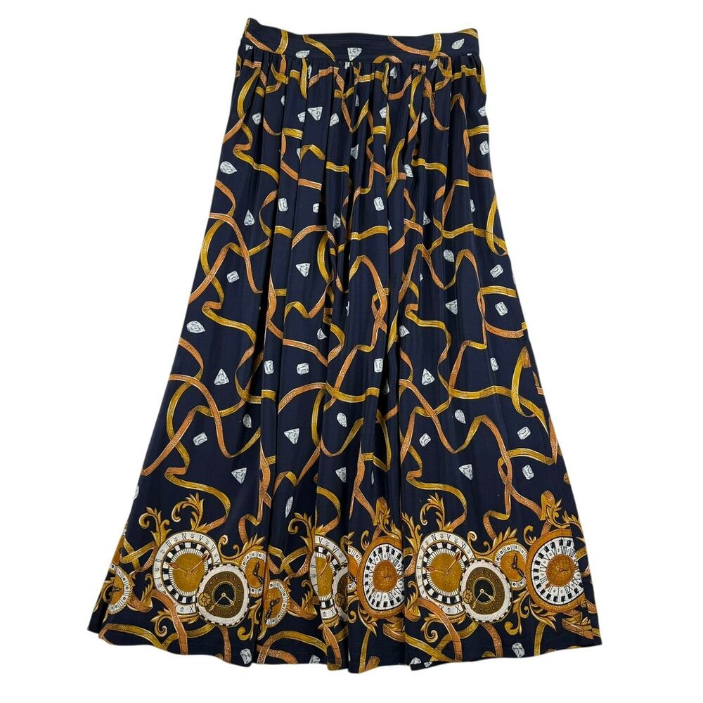 August Silk 100% Silk Heritage Print Midi Skirt Navy Gold Whimsical Pattern S
